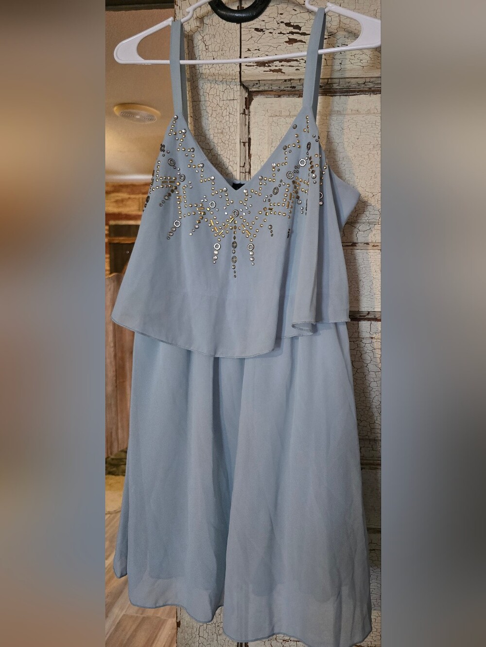 Women's Y2K Sequin Hearts Light Blue Embellished Dress Size Medium Good Cond
